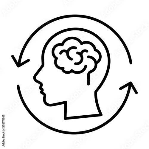 Human head with reload arrows. Reboot thinking outline icon. Mind refresh isolated vector illustration. Mental treatment, wellness