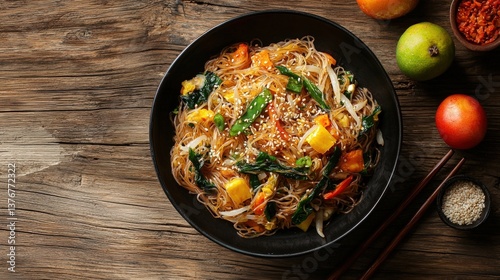 Korean Food Japchae noodles Dish top view on a wood brown background