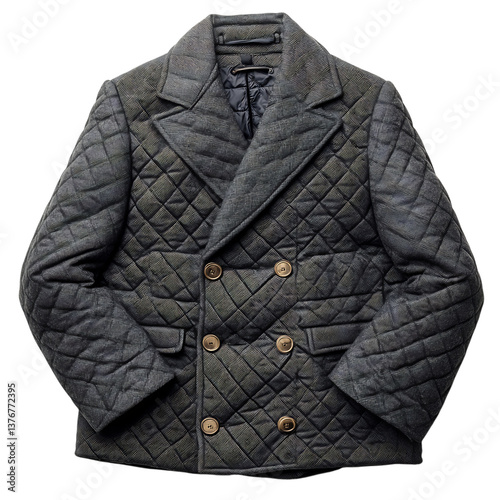 Quilted Jacket in Dark Gray with Oversized Buttons Isolated on Transparent Background