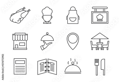 icon style outline restaurant set