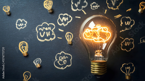 Illuminated lightbulb surrounded by smaller bulbs and chalk drawings on a blackboard. Concept for brainstorming, innovation, and creative thinking.