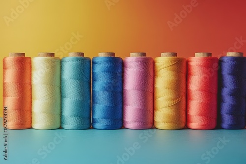 Colorful spools of thread arranged in a vibrant spectrum against a gradient background, showcasing a mix of hues and textures.