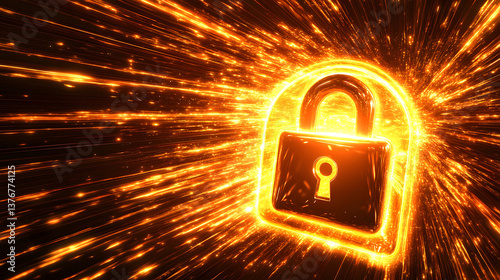 Cybersecurity firewall. Glowing padlock surrounded by bursts of light, representing data streams. Online security, digital protection, and secure networks.