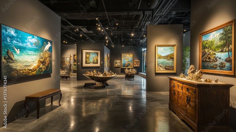 Fototapeta premium Classic art gallery with framed paintings and sculptures
