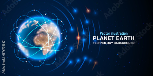 Futuristic Blue Earth Planet: Abstract Cosmic Background with Stars, Glowing Rays, Satellites, Rockets, and Science Energy Plasma. Vector.