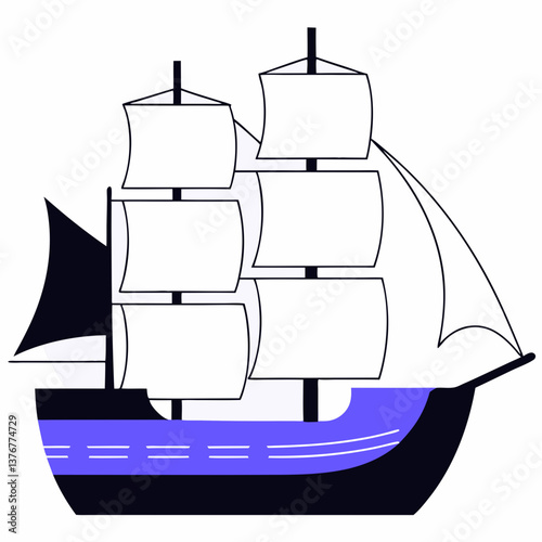 exceptional contemporary Silhouette of a sailing ship. Crisp edges, flat color, scalable design. VECTOR FORMAT with Scalable Design. fine detail