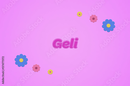 Geli female girl name illustration in pink with blossoms, flowers photo