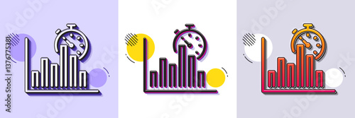 Report timer line icon. Halftone dotted pattern. Gradient icon with grain shadow. Column graph sign. Growth diagram chart symbol. Line report timer icon. Various designs. Vector