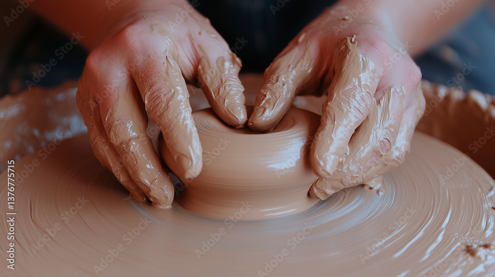 Potter carefully shaping wet clay on a spinning potter's wheel, crafting a unique ceramic piece with skillful hands