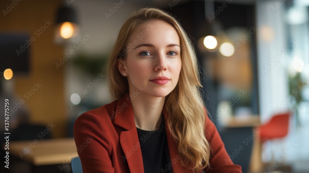 Naklejka premium Beautiful blonde woman in red blazer looking directly at the camera