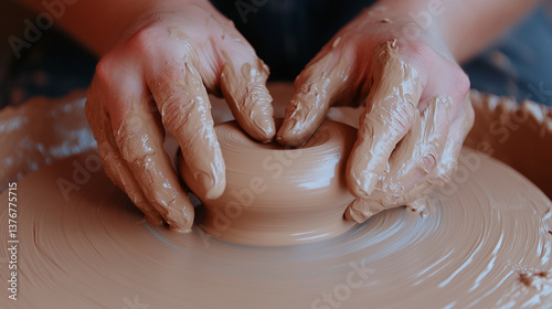 Obraz na płótnie Potter carefully shaping wet clay on a spinning potter's wheel, crafting a unique ceramic piece with skillful hands w salonie