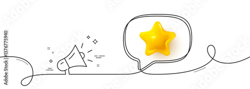 Megaphone line icon. Continuous line with 3d star. Advertisement device symbol. Brand ambassador sign. 3d star in speech bubble. Megaphone single line ribbon. Loop curve pattern. Vector