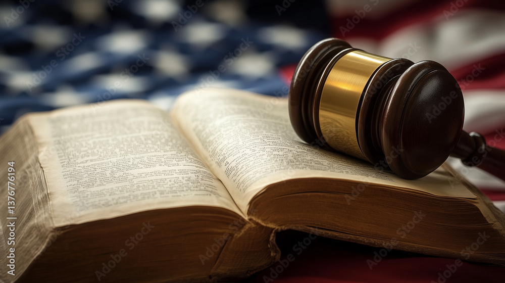 Gavel resting on law book with American flag background, representing legal system, justice, and law in United States