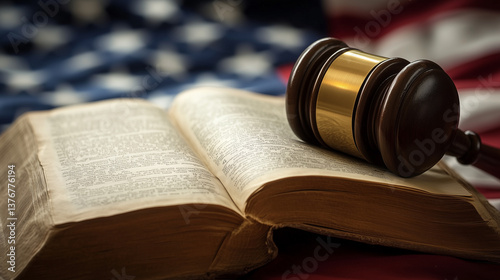 Obraz na płótnie Gavel resting on law book with American flag background, representing legal system, justice, and law in United States w salonie