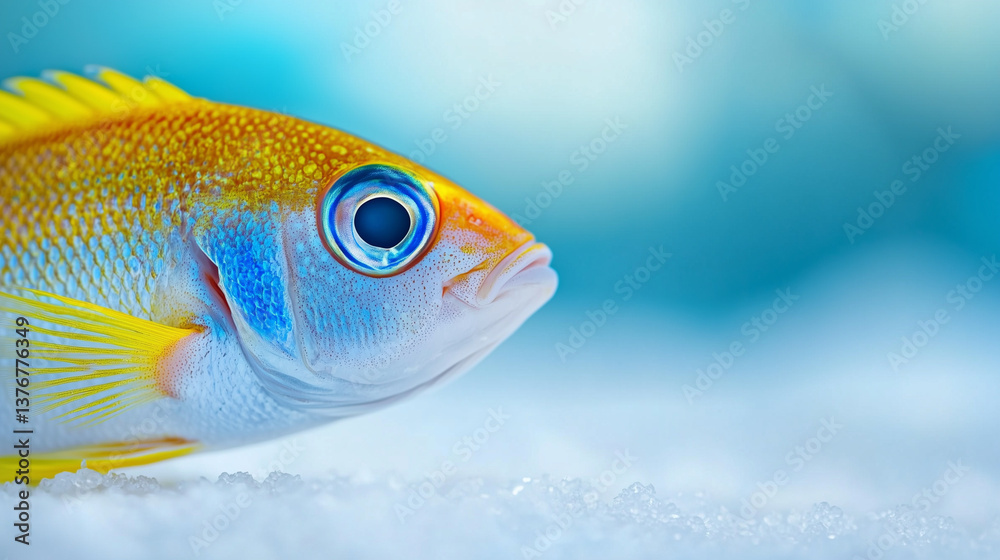 Close-up of a colorful fish swimming peacefully over a bed of white sand, against a blurred blue background