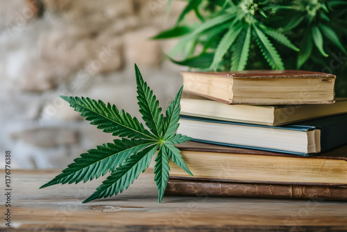 A cannabis leaf resting on a stack of books with a cannabis plant in the background near a brick wall