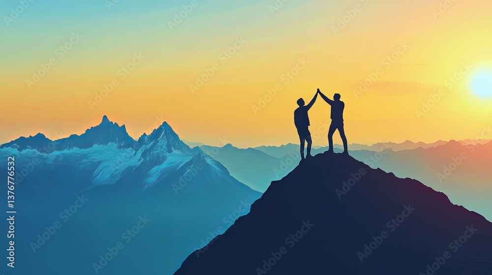 Silhouette of Two Climbers Celebrating Success on Mountain Peak at Sunset Golden Hour Achievement Teamwork Landscape Photography Dramatic View Silhouette of Two Climbers Celebrating Success on Mountain Peak at Sunset Golden Hour Achievement Teamwork Landscape Photography Dramatic View