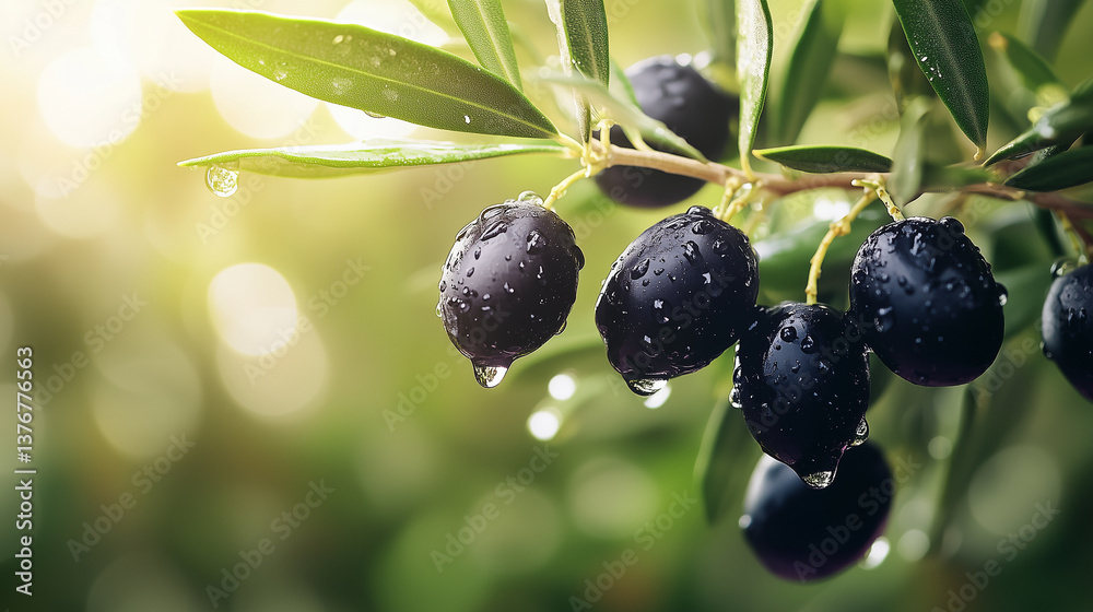 Black olives ripening on branch, glistening with moisture, sunlight highlighting natural luster and freshness