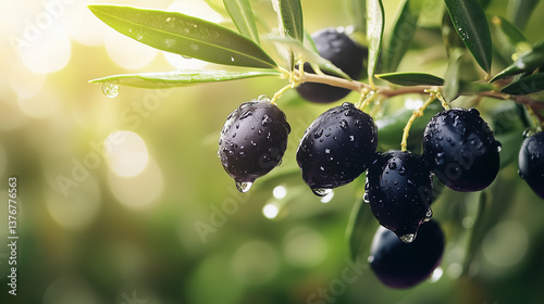 Obraz na płótnie Black olives ripening on branch, glistening with moisture, sunlight highlighting natural luster and freshness w salonie