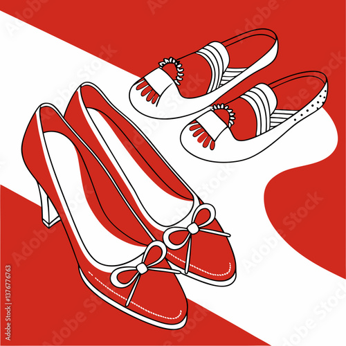 Illustration of women's heels and loafers, red and white, fashion footwear