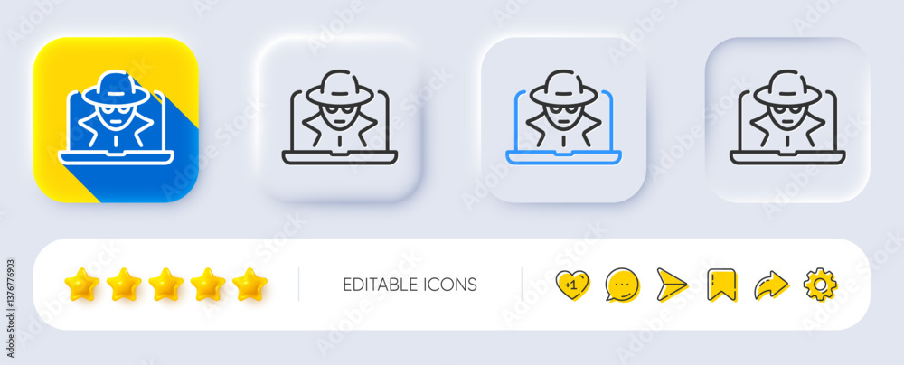 Fototapeta premium Fraud line icon. Neumorphic, Flat shadow, 3d buttons. Spy of thief sign. Cyber hack symbol. Line fraud icon. Social media icons. Vector