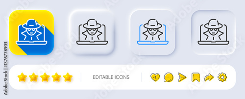 Fraud line icon. Neumorphic, Flat shadow, 3d buttons. Spy of thief sign. Cyber hack symbol. Line fraud icon. Social media icons. Vector