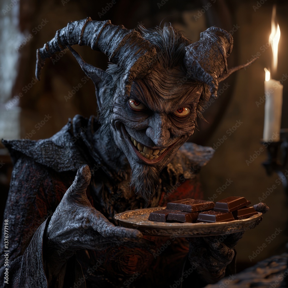 A horned creature with a sinister smile offers a plate of chocolates, creating an eerie and tempting scene in a dimly lit setting. A horned creature with a sinister smile offers a plate of chocolates, creating an eerie and tempting scene in a dimly lit setting.