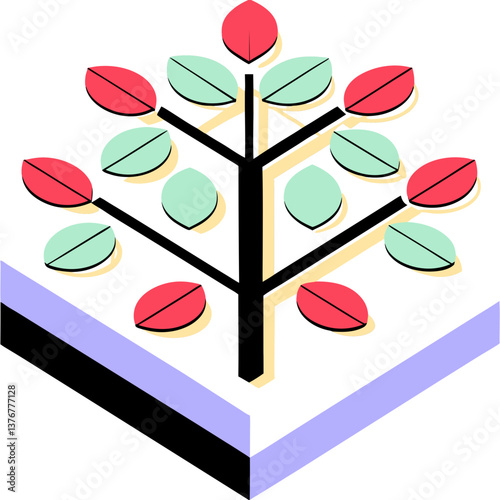 splendid calm abstract Flat color isometric tree with symmetrical design and green leaves. VECTOR FORMAT with Scalable Design. precision