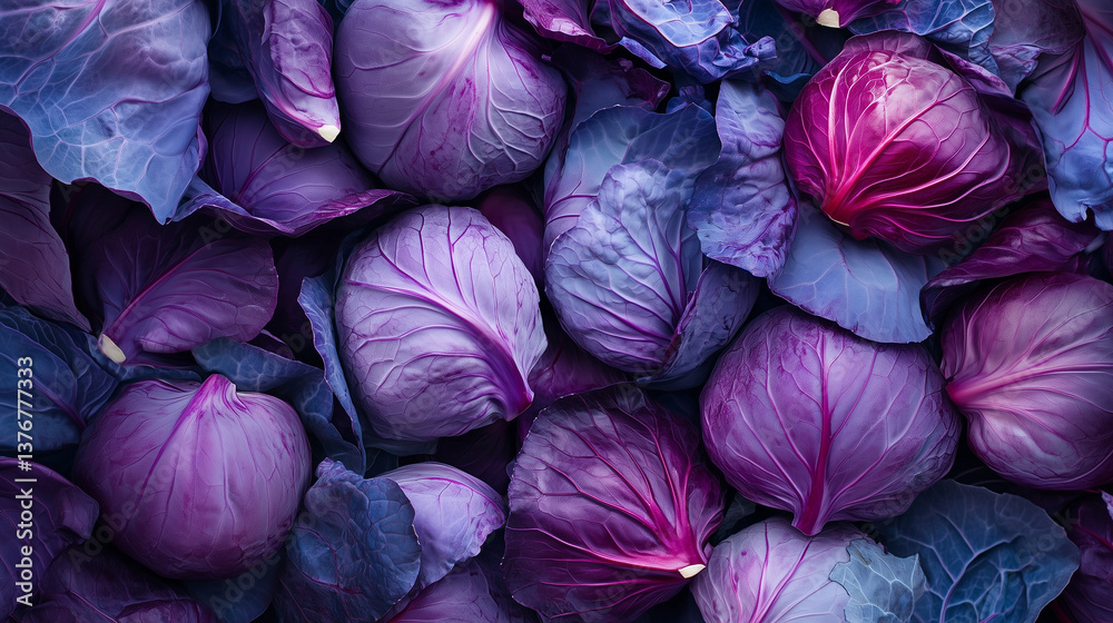 Red cabbage leaves layering artfully, forming vivid purple geometric pattern showcasing natural texture and culinary design potential