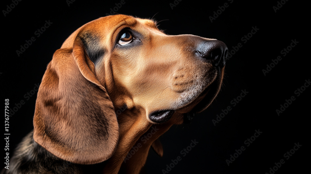 Close-up of a beautiful basset hound dog looking up, isolated on a black background in a studio setting