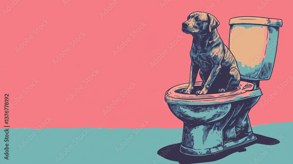 Cartoon dog pondering life while perched awkwardly on toilet, displaying whimsical contemplation with comedic flair