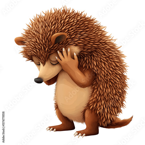 Cartoon hedgehog covering eyes with hands, expressing sadness or shame on transparent background Concept of emotion, disappointment, and negative feelings