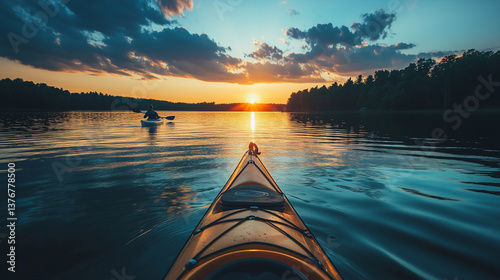 Paddling kayak through calm lake waters, reflecting golden sunset hues casting warm light across peaceful landscape
