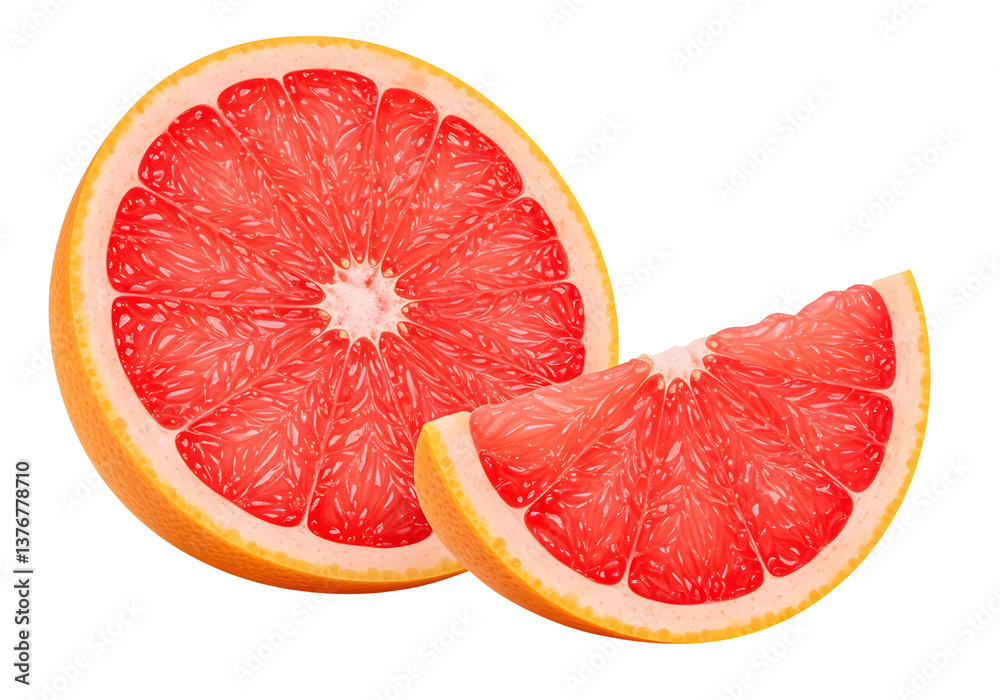Fresh sliced grapefruit with detailed juicy segments, vibrant and clean on white background.
Fresh sliced grapefruit with detailed juicy segments, vibrant and clean on white background.