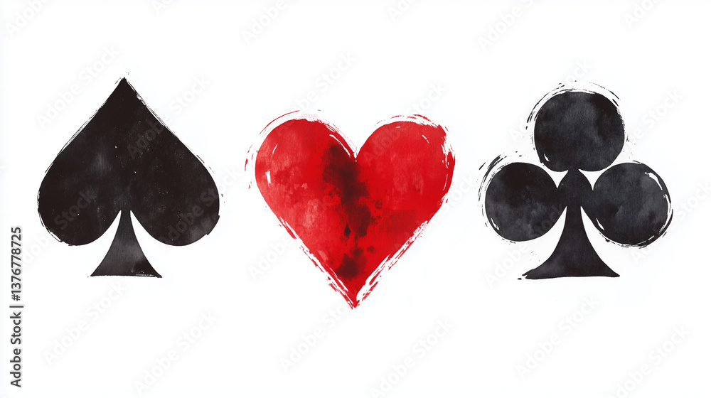 Watercolor painting of spade, heart and club card suits, representing concepts like love, games, gambling and luck