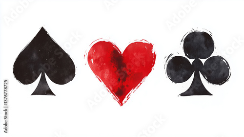 Obraz na płótnie Watercolor painting of spade, heart and club card suits, representing concepts like love, games, gambling and luck w salonie