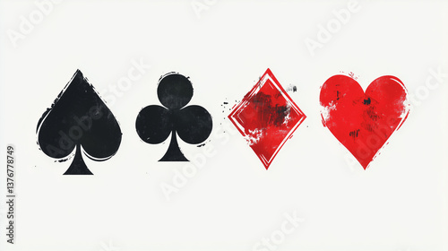 Spade, club, diamond and heart symbols representing playing cards on a white background, ideal for gambling or game concepts