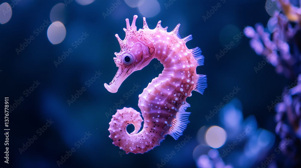 Delicate pink seahorse swimming elegantly amid deep blue waters, enveloped by soft luminescence and dreamy bokeh background