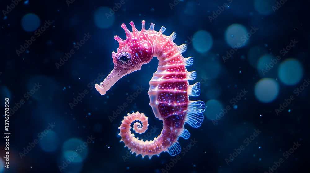Pink seahorse swimming gracefully through underwater realm, surrounded by soft bokeh blur in serene blue marine environment