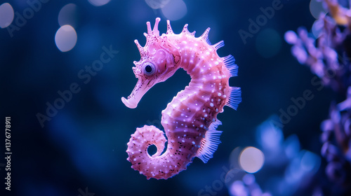 Delicate pink seahorse swimming elegantly amid deep blue waters, enveloped by soft luminescence and dreamy bokeh background