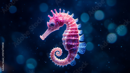 Obraz na płótnie Pink seahorse swimming gracefully through underwater realm, surrounded by soft bokeh blur in serene blue marine environment w salonie