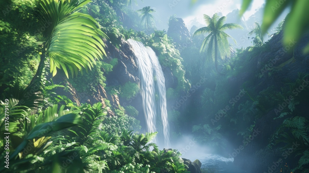Obraz premium Lush tropical scenery showcasing a waterfall hidden within vibrant green jungle foliage