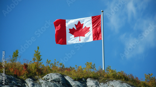 Obraz na płótnie Canadian national flag billowing on rocky hillside, lush greenery surrounding, vibrant azure backdrop w salonie