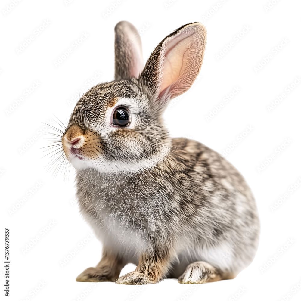 Obraz premium Adorable brown and gray baby rabbit sitting on a transparent background Cute bunny portrait with fluffy fur and big eyes Concept of spring, easter, and pet
