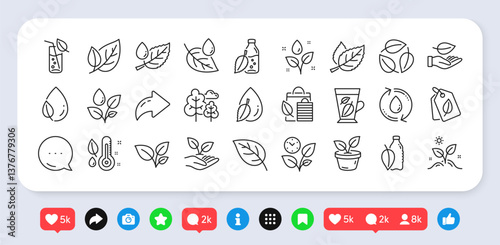 Plants line icons. Social media: share, comment, like icons. Mint leaf, Humidity thermometer and Growing plants icons. Bottle with mint water, Nature care, leaf on hand. Vector