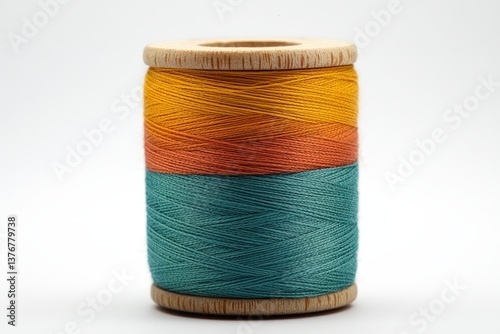 Colorful spool of thread with orange, yellow, and teal layers, showcasing vibrant hues on a wooden base.