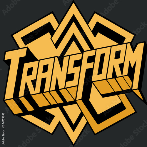 dramatic baroque "TRANSFORM" with geometric rotating letterforms. Clean lines, flat gold. VECTOR FORMAT with Scalable Design. precision