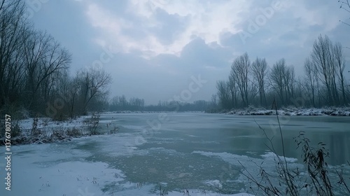 Winter landscape with partially frozen water. Trees line the shore under a cloudy sky. Cold and serene atmosphere.