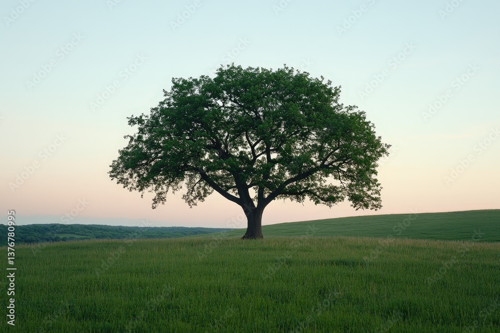 Obraz premium Majestic solitary tree in a serene green field under a pastel sky during sunset.