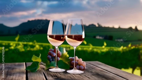 Two glasses of wine on a wooden table in a vineyard during sunset with grapes Wine tasting at the vineyard